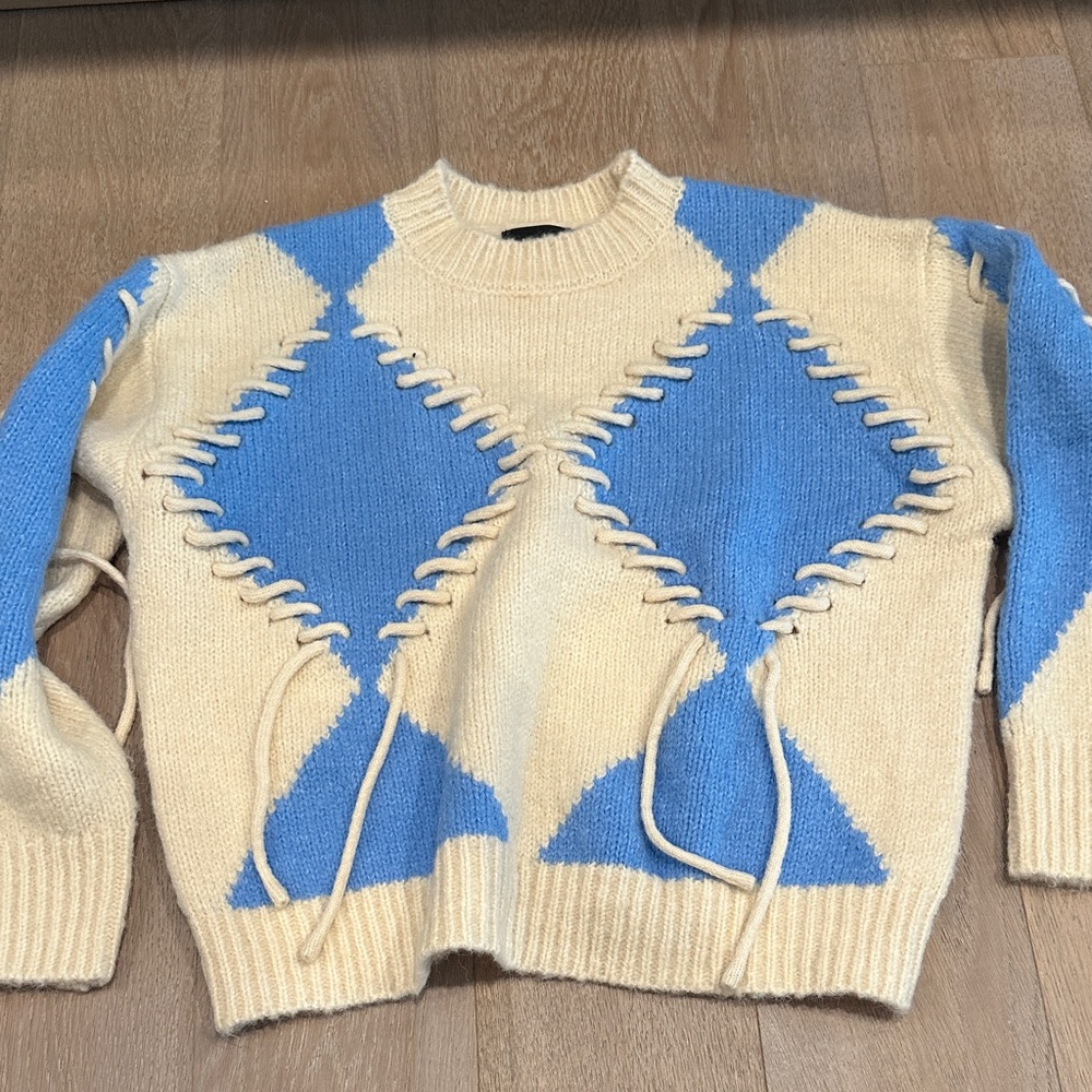 Vici Cream and Blue Diamond Knit Sweater